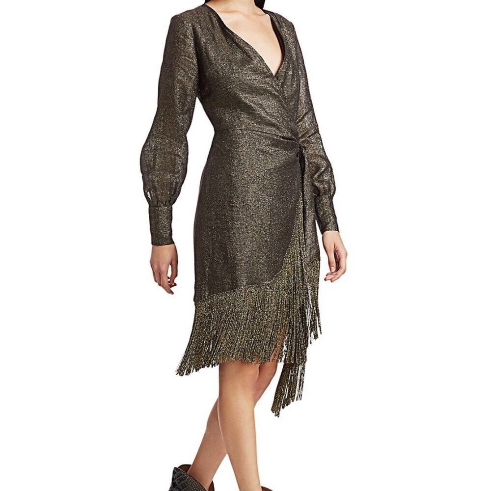 The Andamane Carly Linen Long Sleeve Wrap Fringe Dress XS Black Gold Cocktail